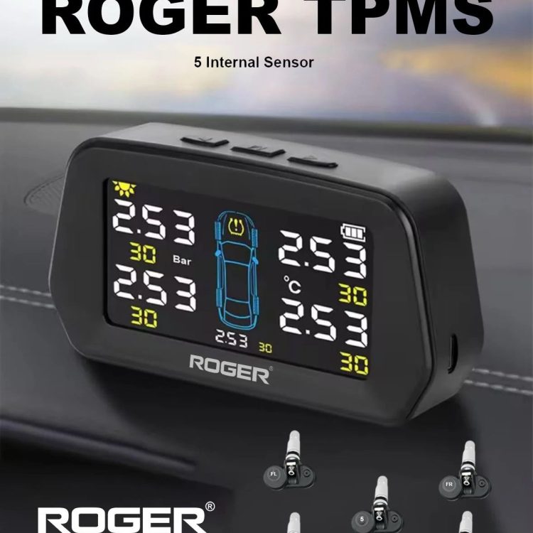 ROGER Internal TPMS – 5 Tire Sensors for Cars | Wireless Solar & USB Charging | LCD Color Display & 5 Alarm Modes