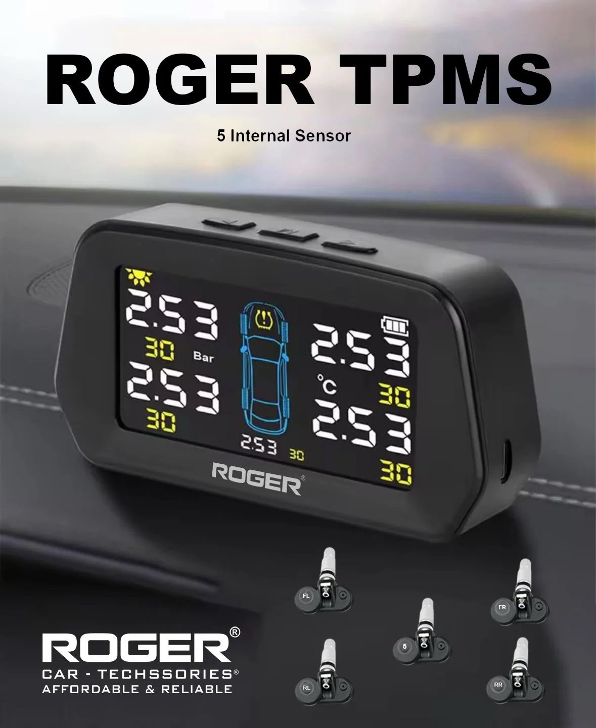 ROGER Internal TPMS – 5 Tire Sensors for Cars | Wireless Solar & USB Charging | LCD Color Display & 5 Alarm Modes