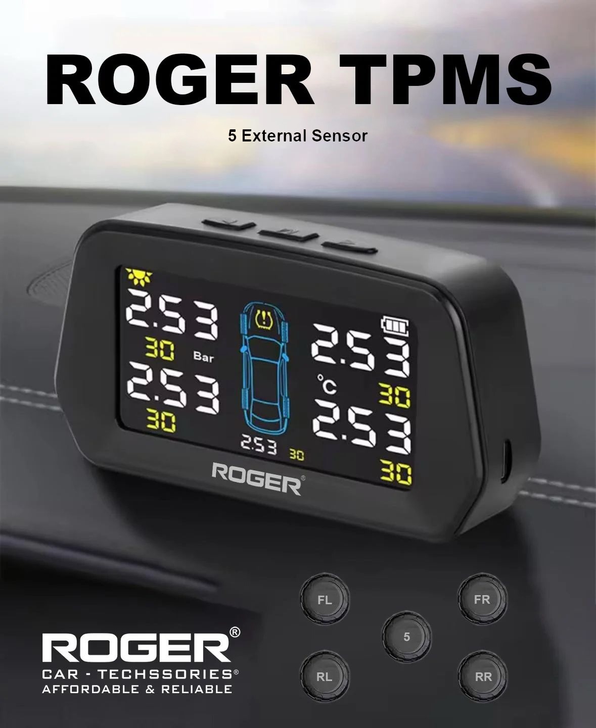 ROGER External TPMS – 5 Tire Sensors for Cars | Wireless Solar & USB Charging | LCD Color Display & 5 Alarm Modes